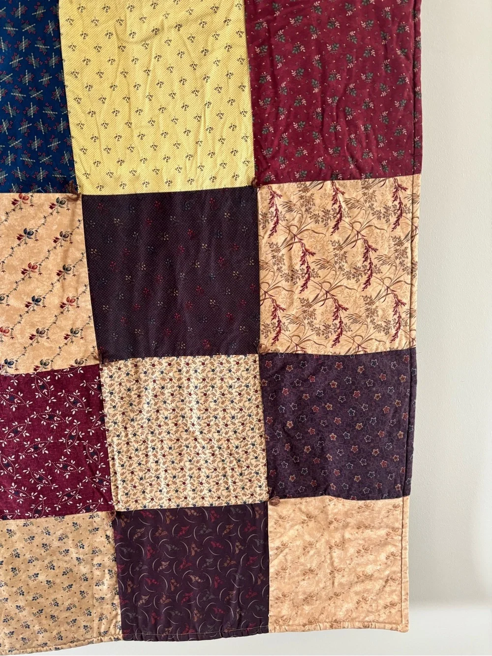Vintage Patchwork Quilt Throw in Mustard, Burgundy & Navy - Unbranded
